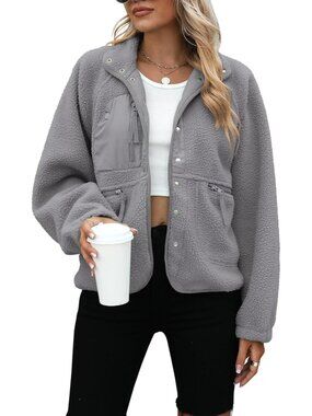 Women's Dark Grey Fleece Jacket Button Down Sherpa Jacket Fuzzy Cropped Jackets